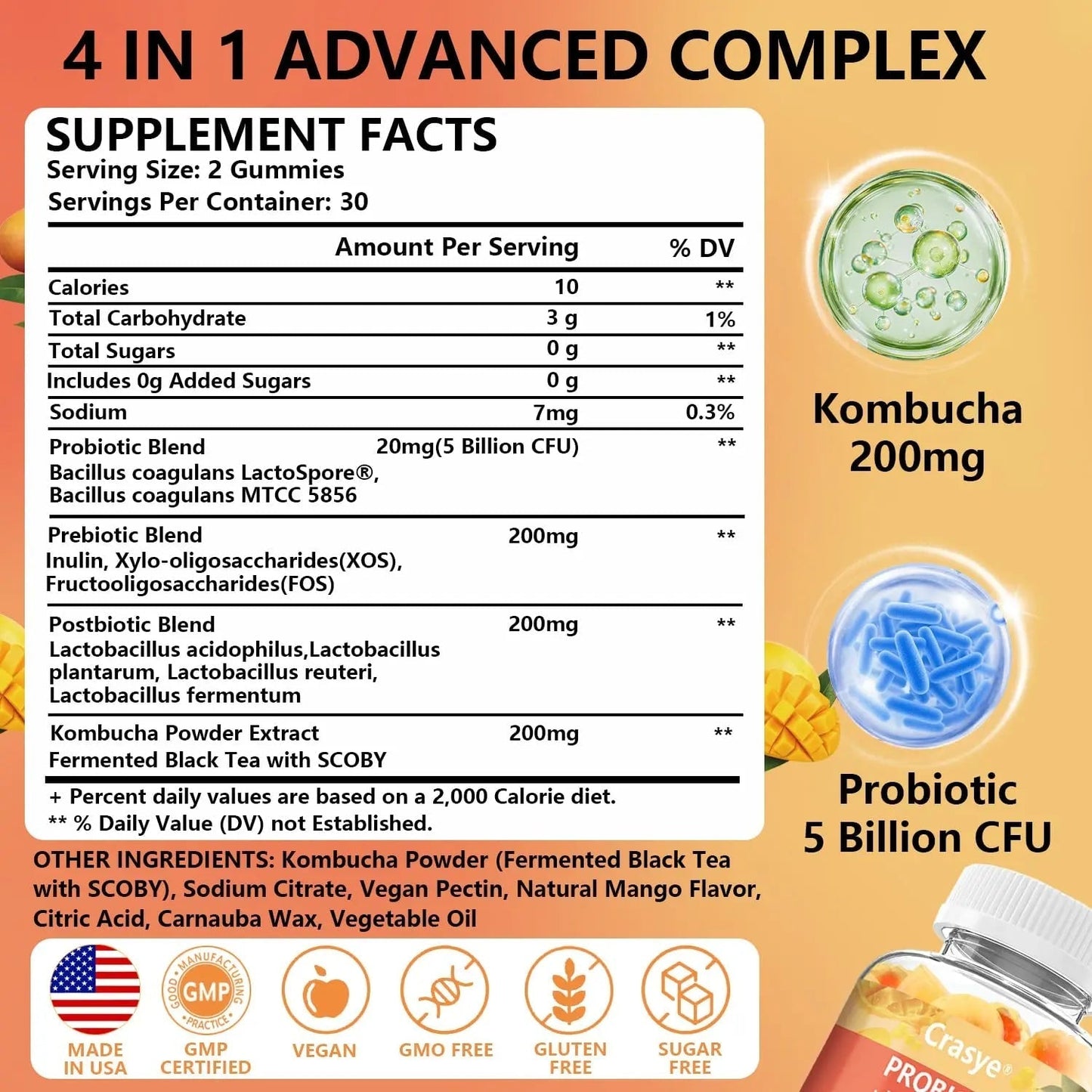 Crasye Probiotic Kombucha Gummies Sugar Free Prebiotic Postbiotic Probiotics Gummy for Women and Men Bloating Gut Health Immune and Digestive Support - 60 Gummies - 30 Servings - Maple Wellness Supplements
