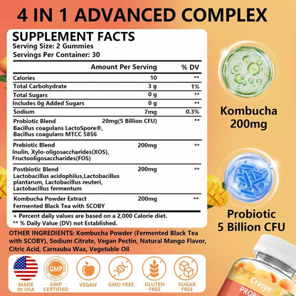 Crasye Probiotic Kombucha Gummies Sugar Free Prebiotic Postbiotic Probiotics Gummy for Women and Men Bloating Gut Health Immune and Digestive Support - 60 Gummies - 30 Servings - Maple Wellness Supplements