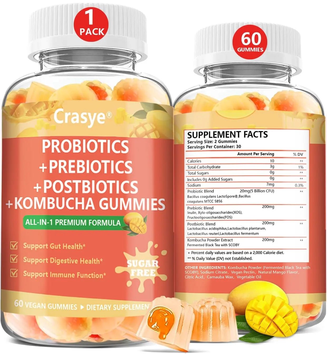 Crasye Probiotic Kombucha Gummies Sugar Free Prebiotic Postbiotic Probiotics Gummy for Women and Men Bloating Gut Health Immune and Digestive Support - 60 Gummies - 30 Servings - Maple Wellness Supplements