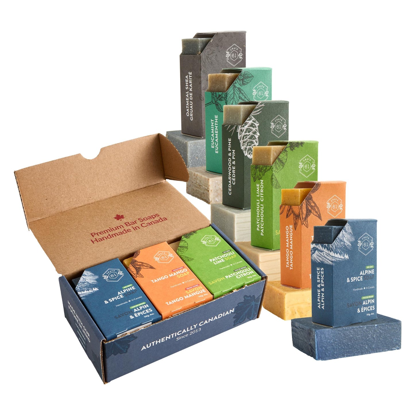 Crate 61 Organics, Handmade in Canada, Plant Based Cold Process Natural Bar Soap, With Premium Essential Oils, Dry Skin, Pack of 6 (For Him) - Maple Wellness Supplements