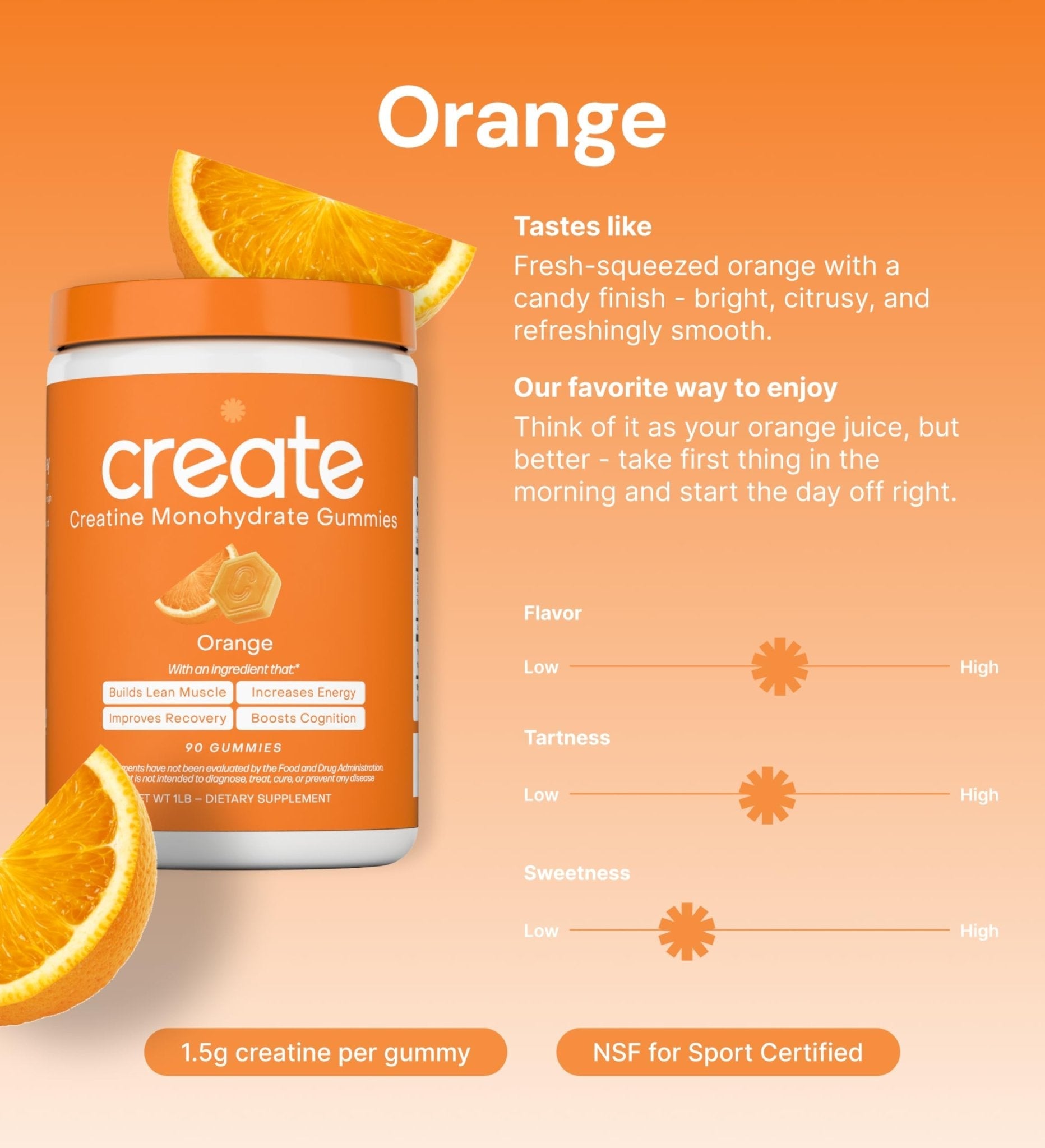 Create Creatine Monohydrate Gummies for Men & Women, Boost Focus, Strength, and Endurance, Anti-Melting Formula, Vegan, Gluten-Free, Non-GMO, 1.5g of Creatine per Gummy (Orange) - Maple Wellness Supplements