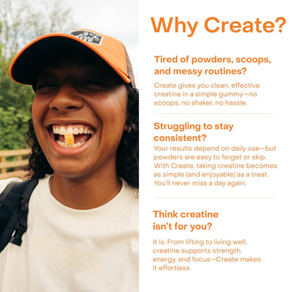 Create Creatine Monohydrate Gummies for Men & Women, Boost Focus, Strength, and Endurance, Anti-Melting Formula, Vegan, Gluten-Free, Non-GMO, 1.5g of Creatine per Gummy (Orange) - Maple Wellness Supplements