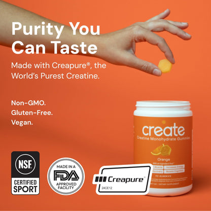 Create Creatine Monohydrate Gummies for Men & Women, Boost Focus, Strength, and Endurance, Anti-Melting Formula, Vegan, Gluten-Free, Non-GMO, 1.5g of Creatine per Gummy (Orange) - Maple Wellness Supplements