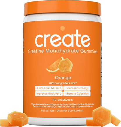 Create Creatine Monohydrate Gummies for Men & Women, Boost Focus, Strength, and Endurance, Anti-Melting Formula, Vegan, Gluten-Free, Non-GMO, 1.5g of Creatine per Gummy (Orange) - Maple Wellness Supplements