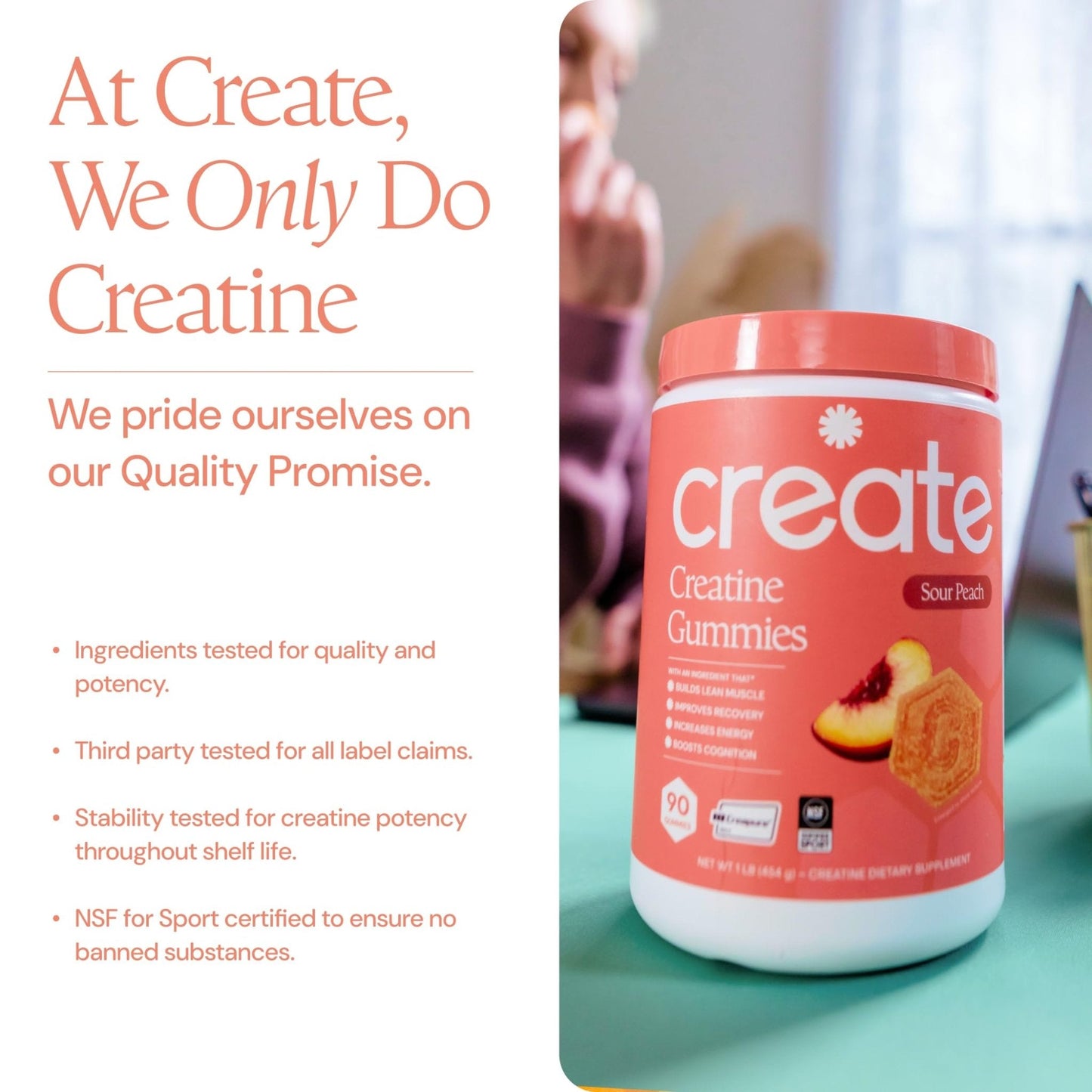 Create Creatine Monohydrate Gummies for Men & Women, Boost Focus, Strength, and Endurance, Anti-Melting Formula, Vegan, Gluten-Free, Non-GMO, 1.5g of Creatine per Gummy (Sour Peach) - Maple Wellness Supplements