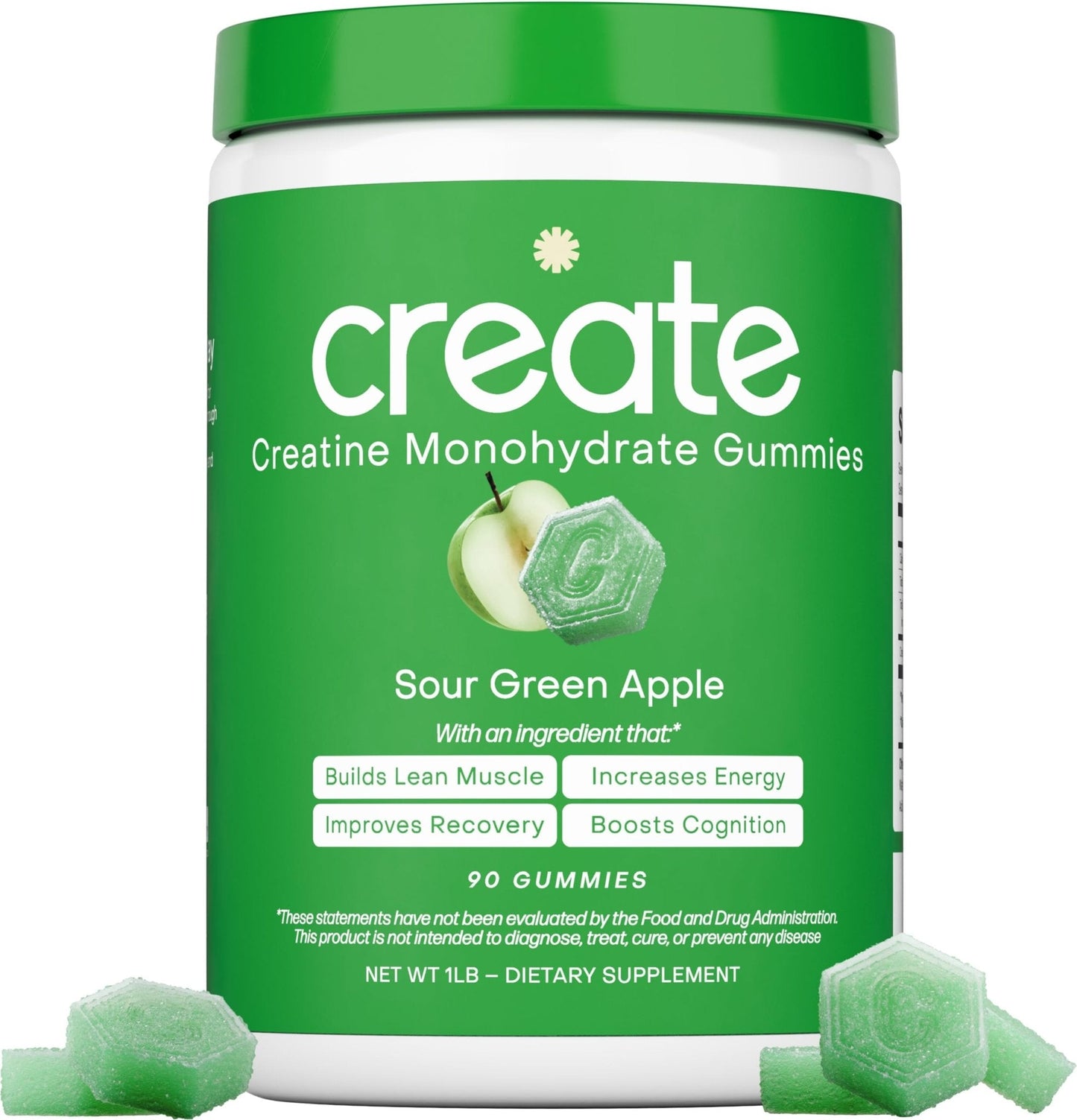 Create Creatine Monohydrate Gummies for Men & Women, Boost Focus, Strength, and Endurance, Anti-Melting Formula, Vegan, Gluten-Free, Non-GMO, 1.5g of Creatine per Gummy (Sour Green Apple) - Maple Wellness Supplements