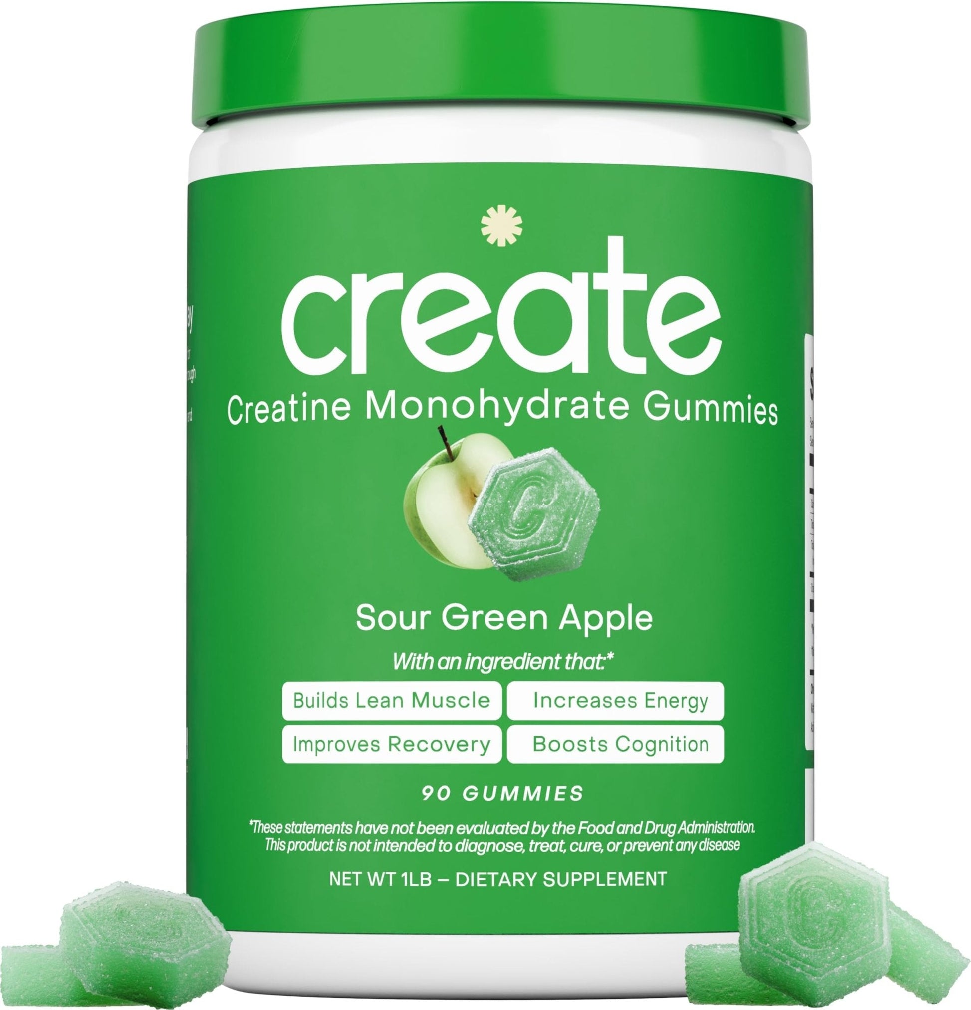 Create Creatine Monohydrate Gummies for Men & Women, Boost Focus, Strength, and Endurance, Anti-Melting Formula, Vegan, Gluten-Free, Non-GMO, 1.5g of Creatine per Gummy (Sour Green Apple) - Maple Wellness Supplements