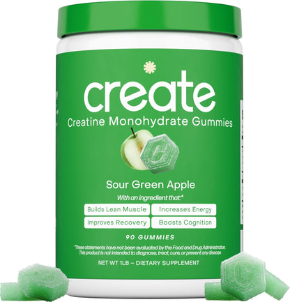Create Creatine Monohydrate Gummies for Men & Women, Boost Focus, Strength, and Endurance, Anti-Melting Formula, Vegan, Gluten-Free, Non-GMO, 1.5g of Creatine per Gummy (Sour Green Apple) - Maple Wellness Supplements