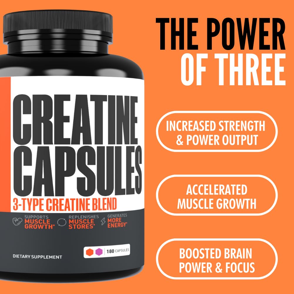 Creatine Capsules, 5g Premium 3X ThreeAtine Pre Workout Bulk Muscle Mass Gainer, High Absorption Easy to Take Creatine Monohydrate Pills Alternative Optimum Performance for Men Women, 180 Capsules - Maple Wellness Supplements