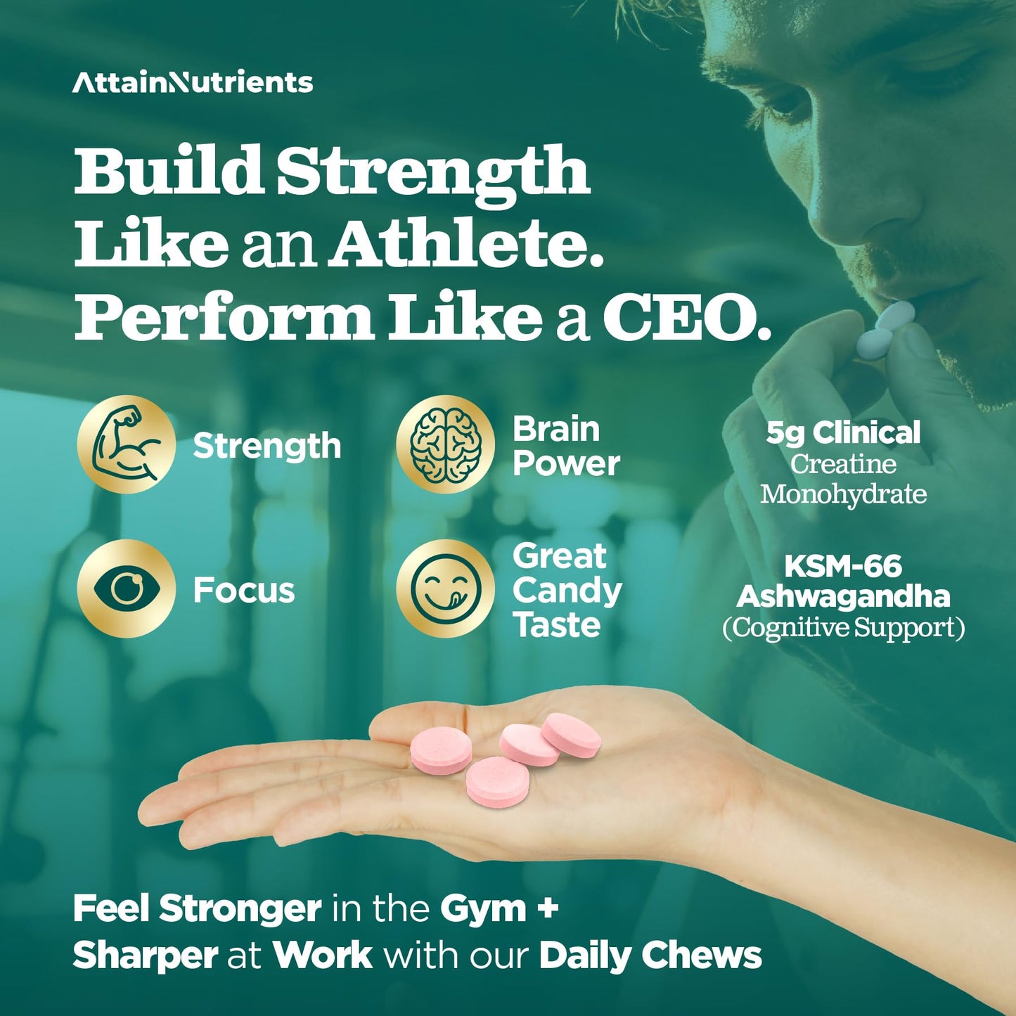Creatine Chews - 5000mg Creatine Monohydrate Tablets for Men & Women with Ashwagandha KSM-66 - Low Sugar Muscle Support & Cognitive Boost - Gummy Alternative - 120 Count (Strawberry Lemonade) - Maple Wellness Supplements