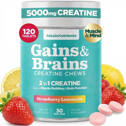 Creatine Chews - 5000mg Creatine Monohydrate Tablets for Men & Women with Ashwagandha KSM-66 - Low Sugar Muscle Support & Cognitive Boost - Gummy Alternative - 120 Count (Strawberry Lemonade) - Maple Wellness Supplements