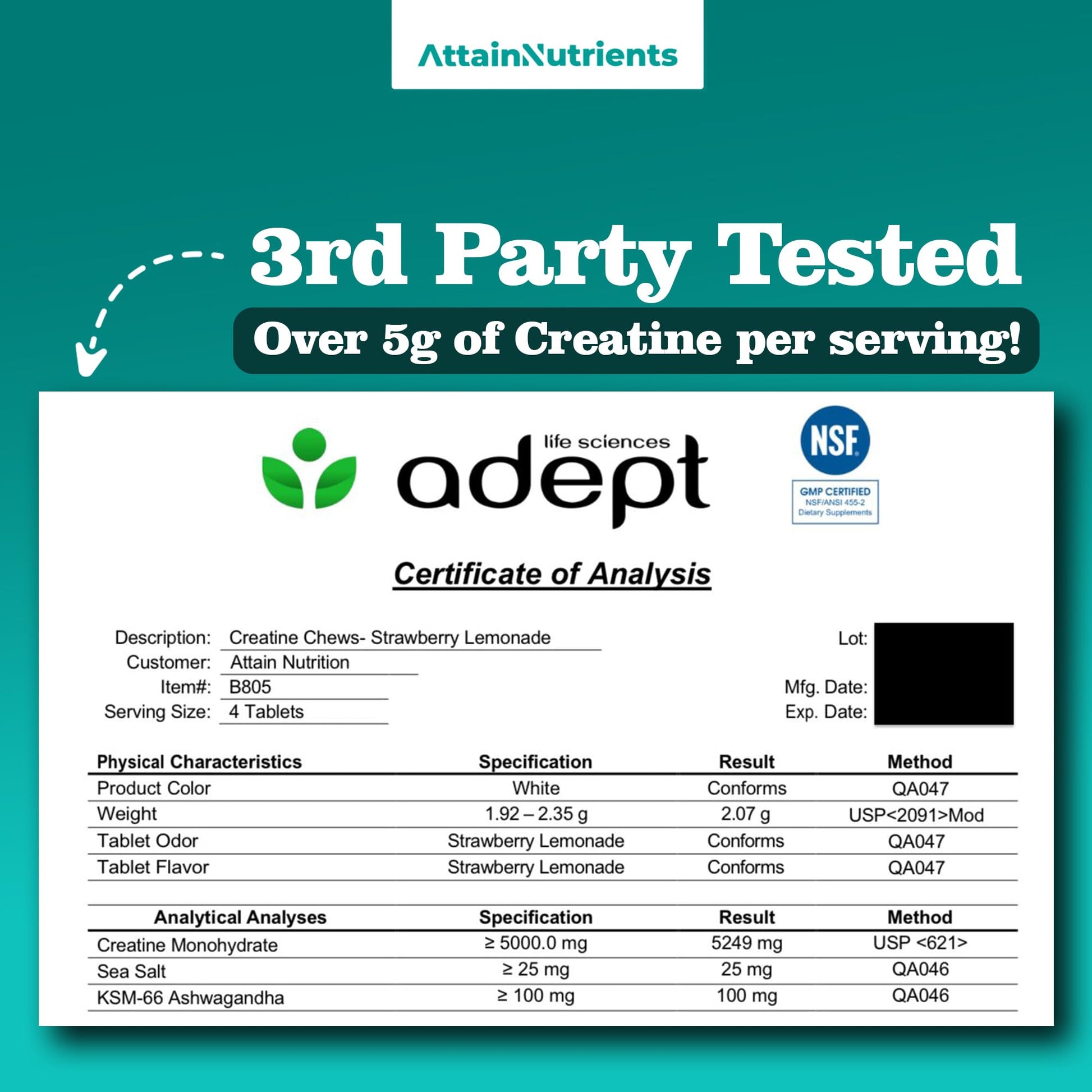Creatine Chews - 5000mg Creatine Monohydrate Tablets for Men & Women with Ashwagandha KSM-66 - Low Sugar Muscle Support & Cognitive Boost - Gummy Alternative - 120 Count (Strawberry Lemonade) - Maple Wellness Supplements