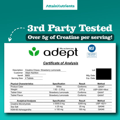 Creatine Chews - 5000mg Creatine Monohydrate Tablets for Men & Women with Ashwagandha KSM-66 - Low Sugar Muscle Support & Cognitive Boost - Gummy Alternative - 120 Count (Strawberry Lemonade) - Maple Wellness Supplements