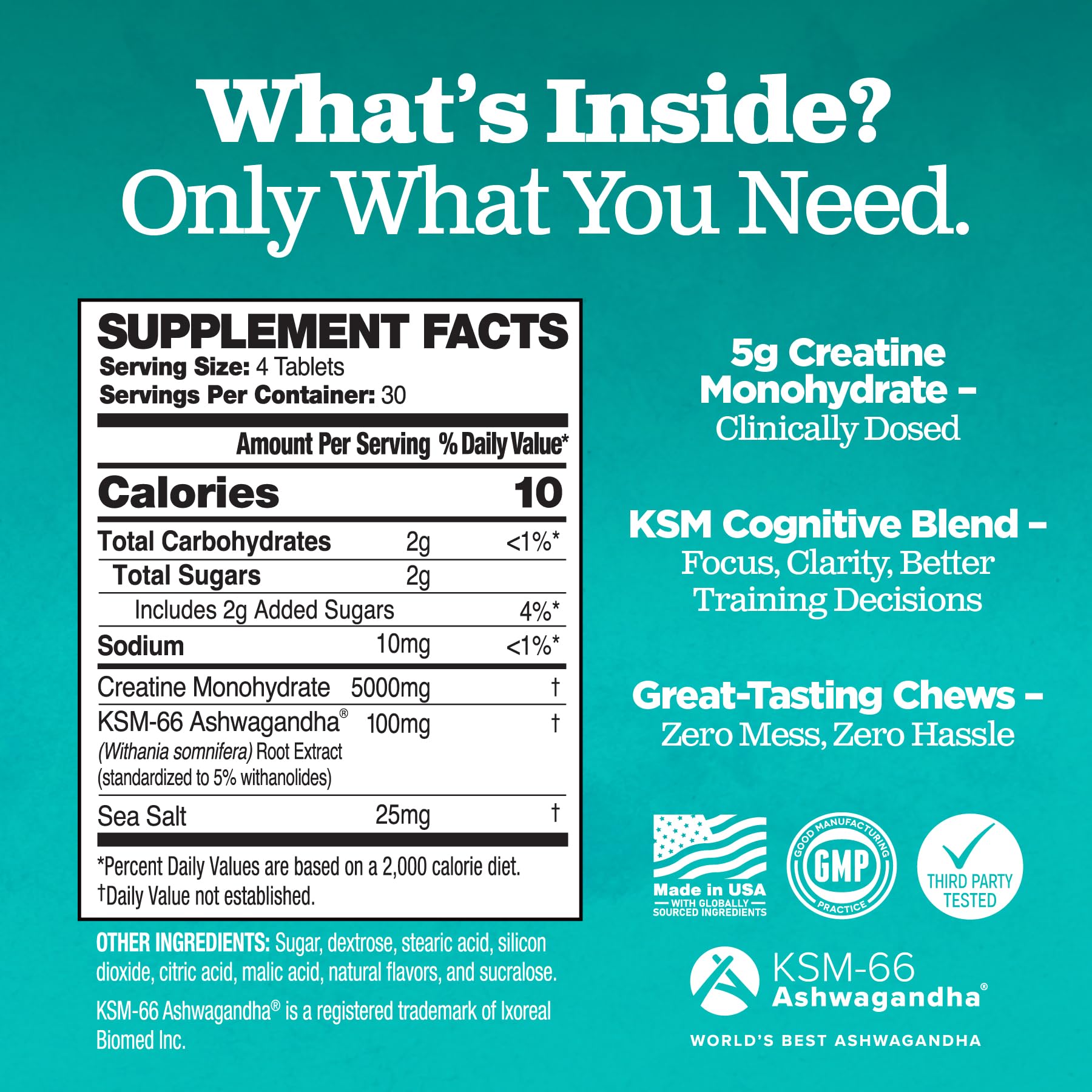 Creatine Chews - 5000mg Creatine Monohydrate Tablets for Men & Women with Ashwagandha KSM-66 - Low Sugar Muscle Support & Cognitive Boost - Gummy Alternative - 120 Count (Strawberry Lemonade) - Maple Wellness Supplements