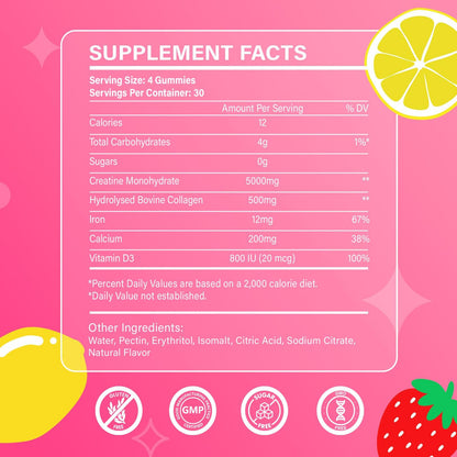 Creatine for Women, Creatine Monohydrate Gummies with Collagen, Vitamin D3 & Calcium for Muscles, Booty & Energy, Flavored Sugar Free Creatine Gummies Post - Maple Wellness Supplements