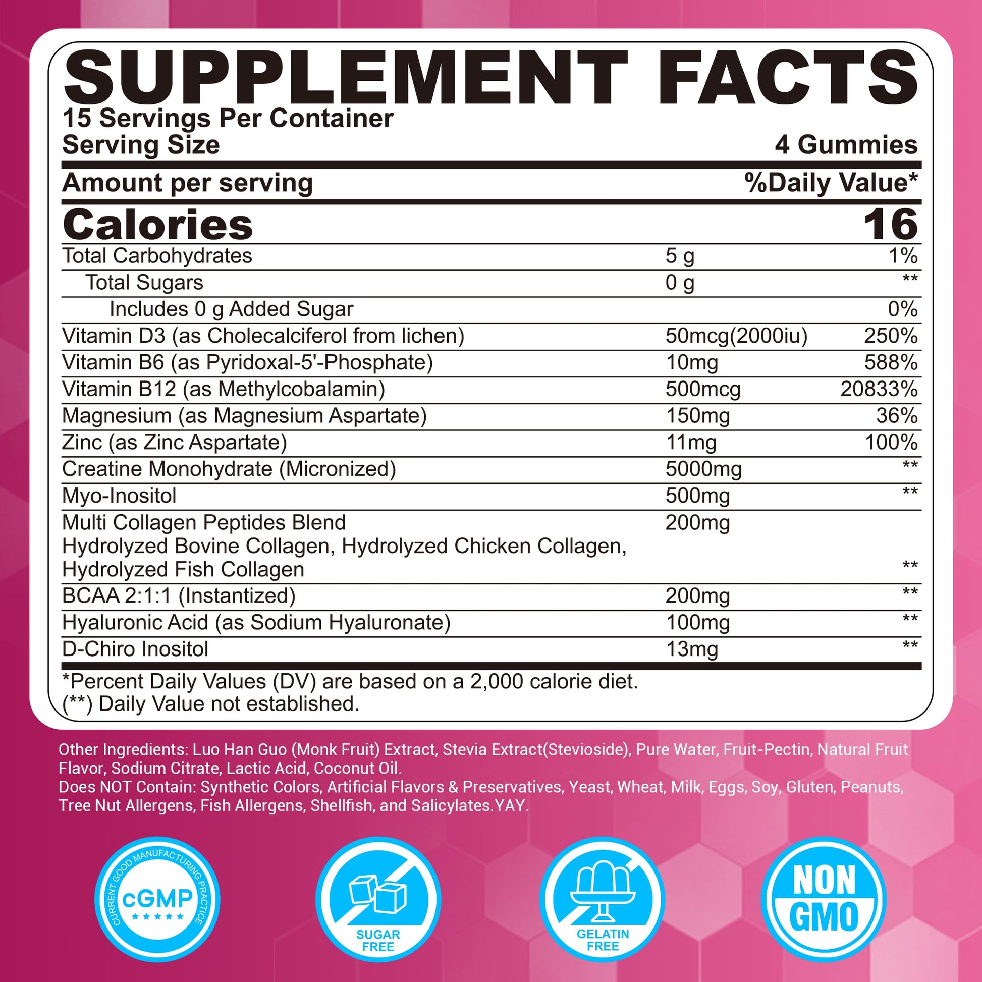 Creatine for Women Gummies, Micronized Creatine Monohydrate + Myo-Inositol, Collagen Peptides, BCAAs, Hyaluronic Acid, Vitamin B6 B12, Zinc for Enërgy, Föcus, Hörmonal Balance, Sugar Free, 120 Counts - Maple Wellness Supplements
