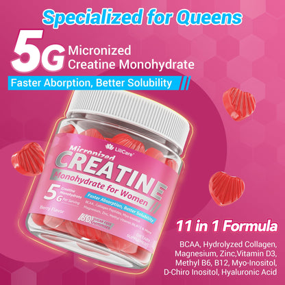 Creatine for Women Gummies, Micronized Creatine Monohydrate + Myo-Inositol, Collagen Peptides, BCAAs, Hyaluronic Acid, Vitamin B6 B12, Zinc for Enërgy, Föcus, Hörmonal Balance, Sugar Free, 120 Counts - Maple Wellness Supplements