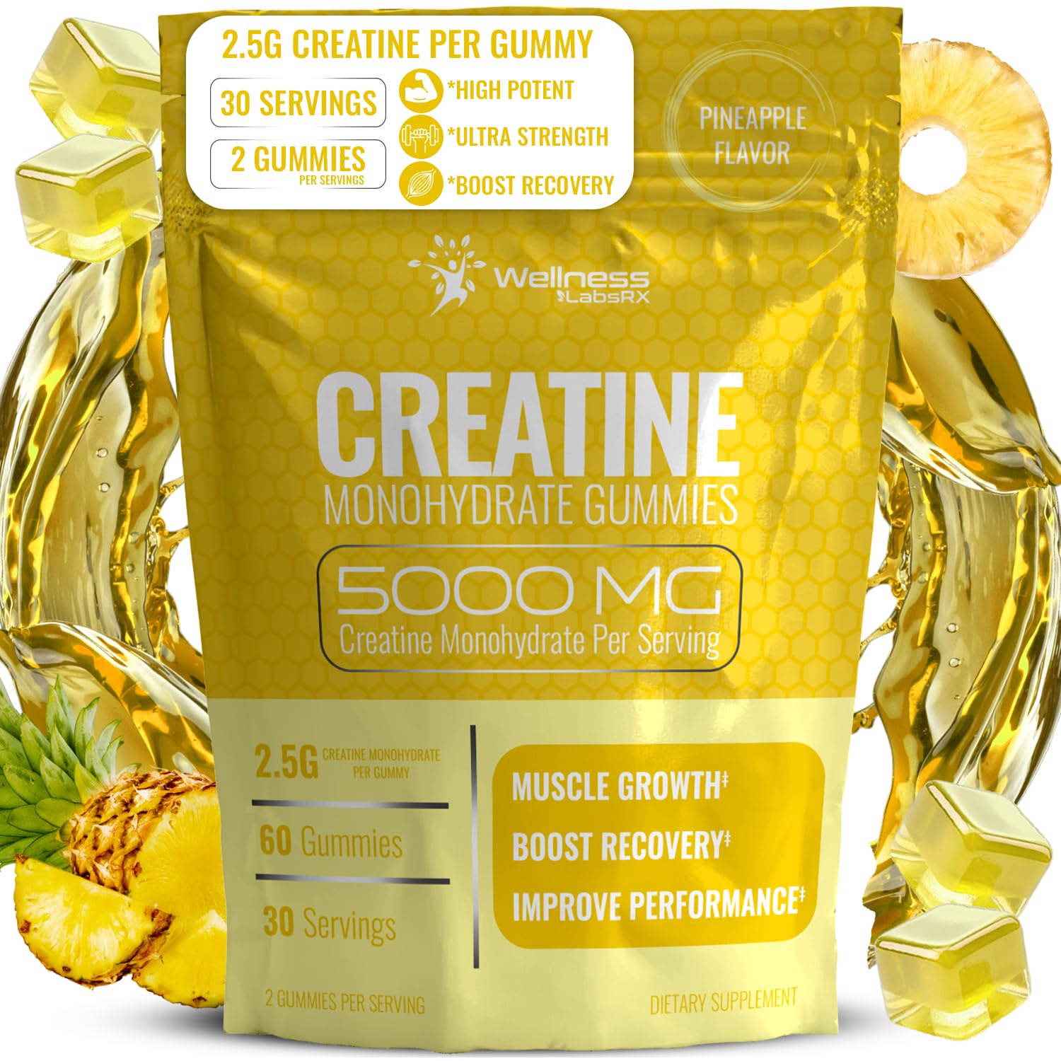 Creatine Gummies 5000mg, 30 Servings Creatine Monohydrate Gummies - Third-Party Tested Creatine for Women, Pineapple Flavor Creatine for Men, Muscle Growth, - Maple Wellness Supplements