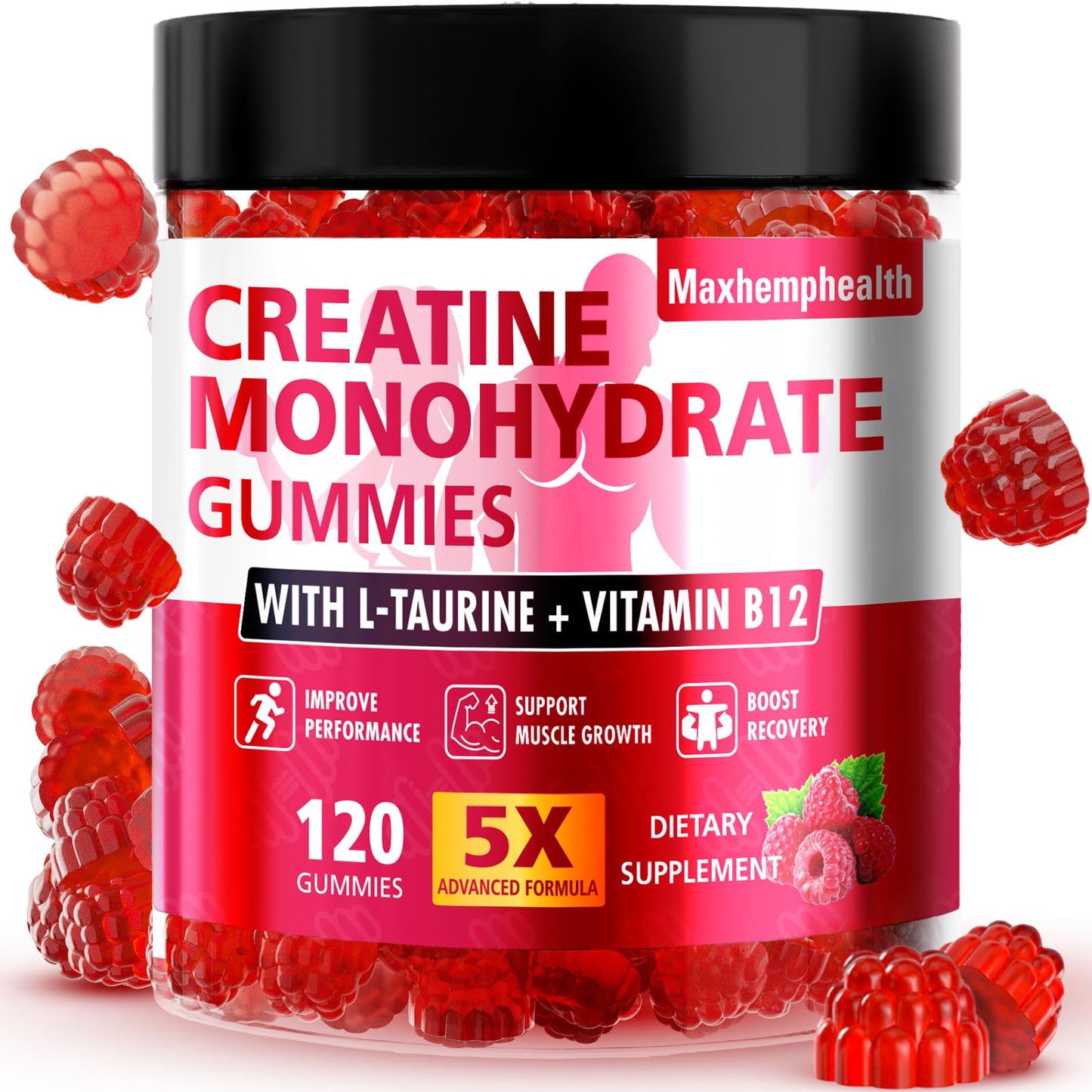 Creatine Gummies for Men & Women, Creatine Monohydrate Gummies 5g, Build Muscle, Strength, Recovery, Cognitive Health & Memory, Pre Workout Supplement, 120 Count Raspberry Chewable Gummy - Maple Wellness Supplements