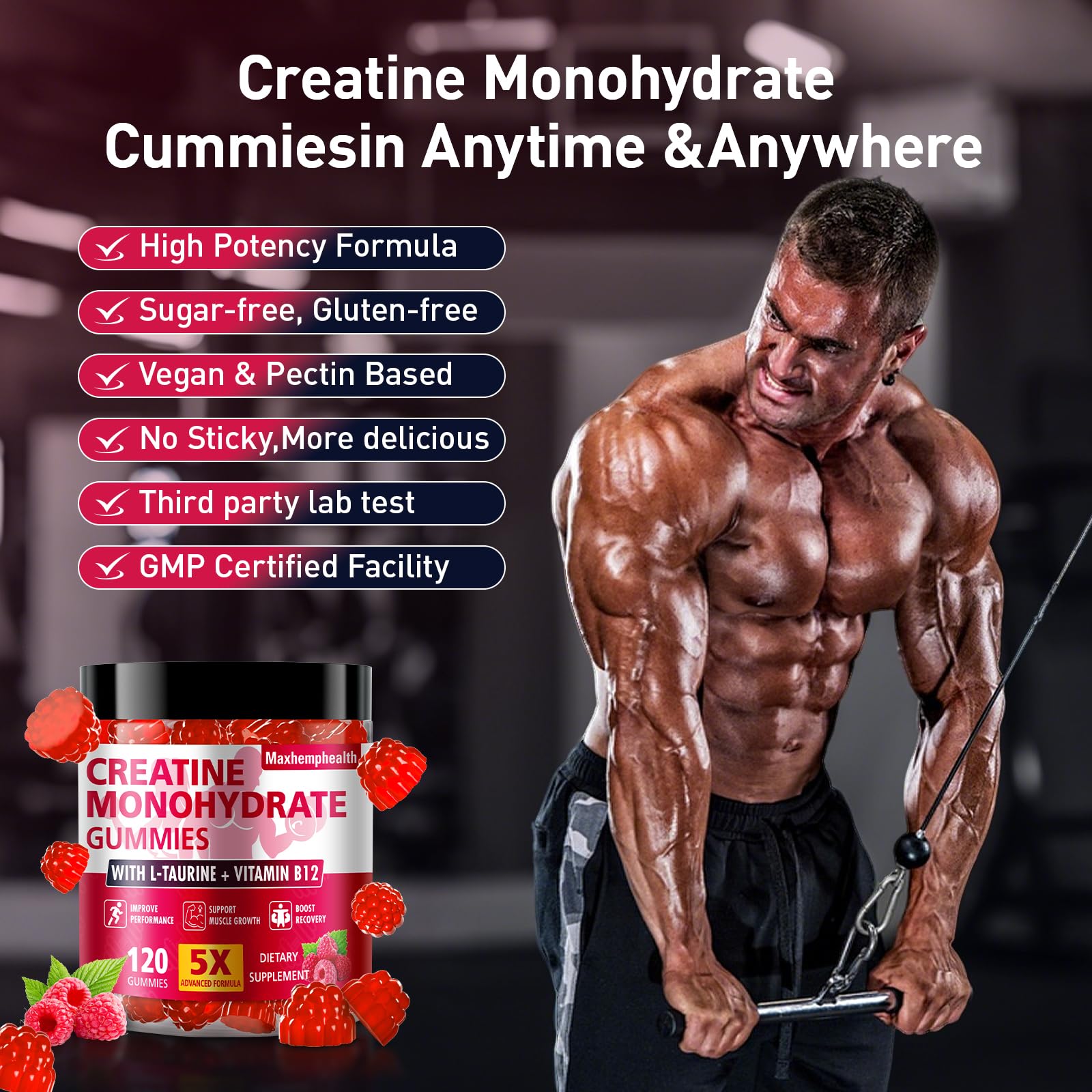 Creatine Gummies for Men & Women, Creatine Monohydrate Gummies 5g, Build Muscle, Strength, Recovery, Cognitive Health & Memory, Pre Workout Supplement, 120 Count Raspberry Chewable Gummy - Maple Wellness Supplements