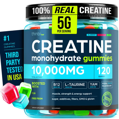 Creatine Gummies Monohydrate Complex 10,000mg for Men & Women -120 Gummies Advanced Formula W/L-Taurine + Vitamin B12 for Muscle Strength, Muscle Builder, Energy Boost, Pre-Workout Supplement -Thinbi - Maple Wellness Supplements