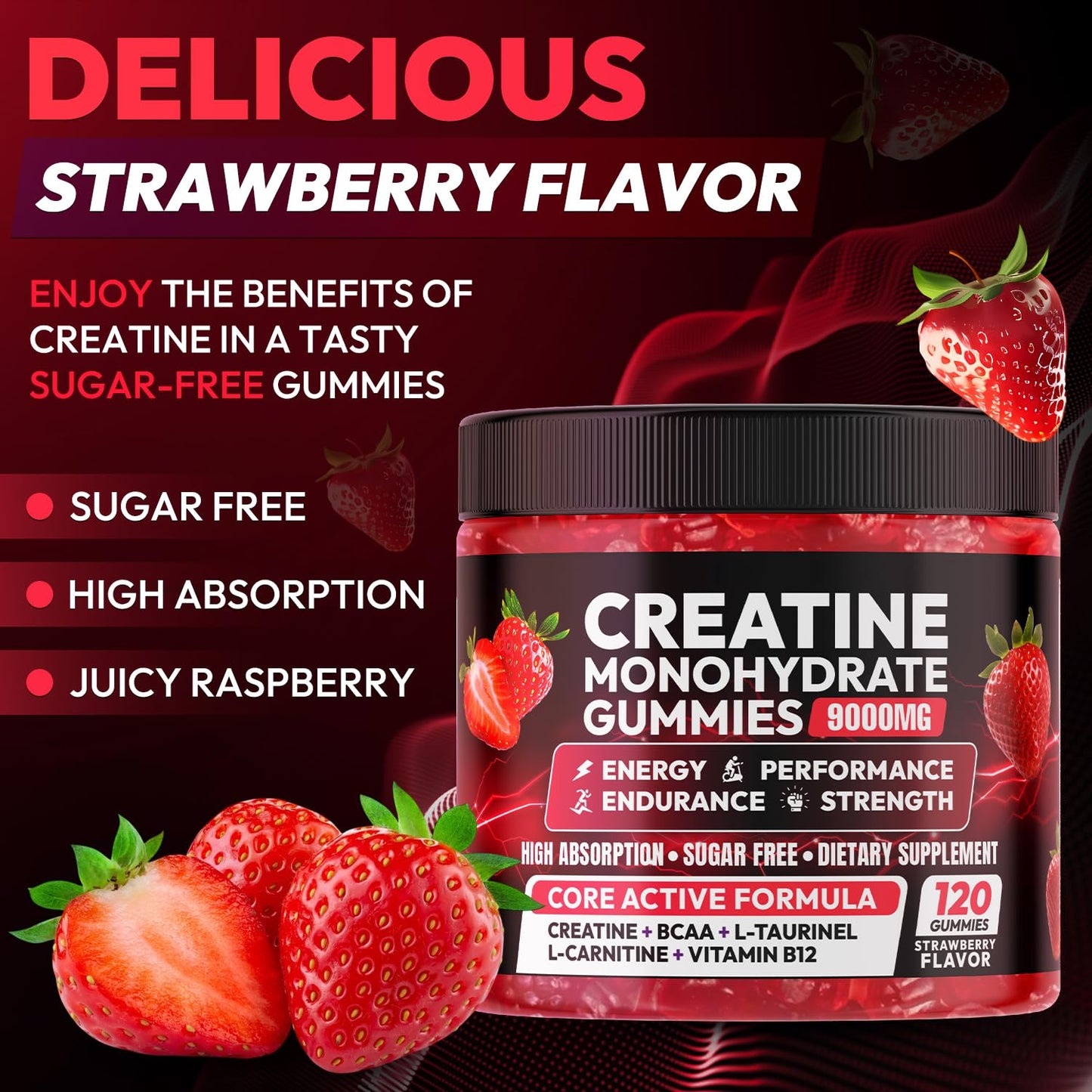 Creatine Gummies Monohydrate Complex 9000MG, Chewable Creatine Monohydrate Gummies for Men & Women with L-Taurine, BCAA 2:1, B12/6, Building Muscle - Maple Wellness Supplements