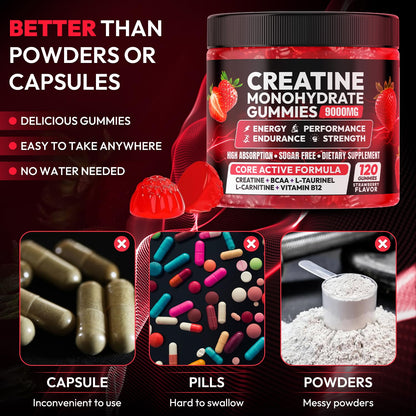 Creatine Gummies Monohydrate Complex 9000MG, Chewable Creatine Monohydrate Gummies for Men & Women with L-Taurine, BCAA 2:1, B12/6, Building Muscle - Maple Wellness Supplements