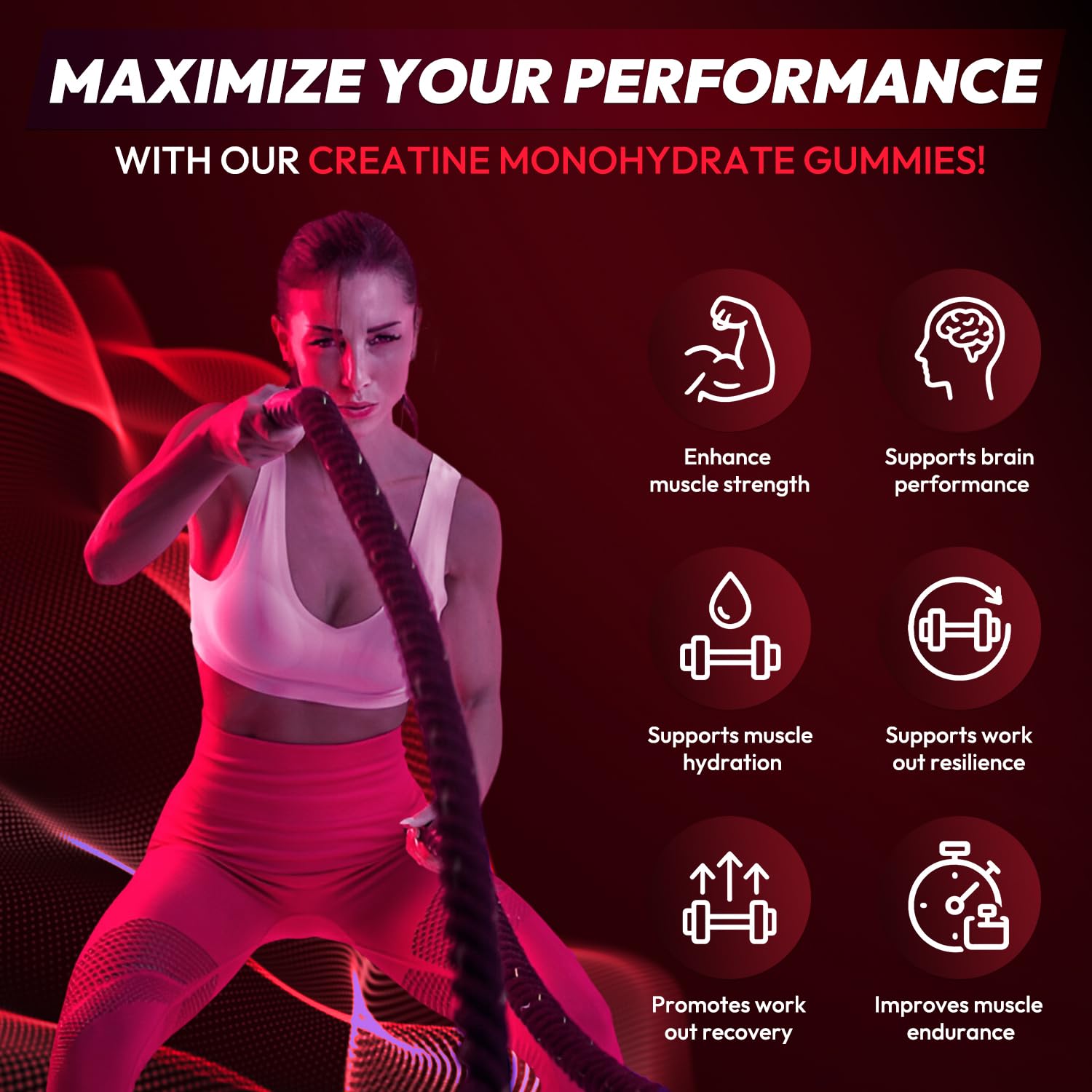 Creatine Gummies Monohydrate Complex 9000MG, Chewable Creatine Monohydrate Gummies for Men & Women with L-Taurine, BCAA 2:1, B12/6, Building Muscle - Maple Wellness Supplements