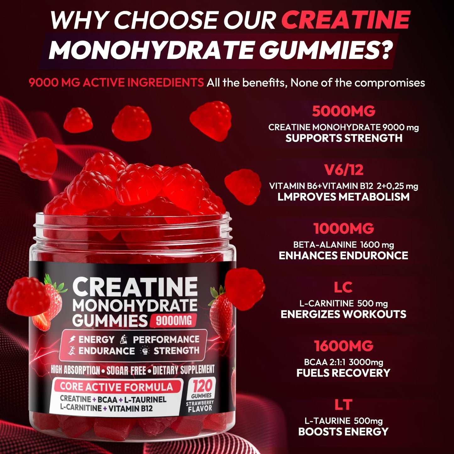 Creatine Gummies Monohydrate Complex 9000MG, Chewable Creatine Monohydrate Gummies for Men & Women with L-Taurine, BCAA 2:1, B12/6, Building Muscle - Maple Wellness Supplements