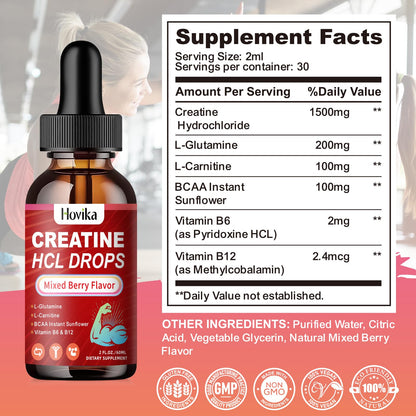 Creatine HCL Liquid Drops for Men & Women, Creatine Hydrochloride with L-Carnitine, L-Glutamine, BCAA, Vitamin B12 & B6 for Muscle Growth & Recovery-Vegan, Mixed Berry Flavor Flavor, 2 Fl Oz - Maple Wellness Supplements