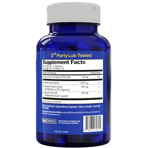 Creatine Monohydrate - 2500mg Creatine Pills - 450mg Fenugreek Extract & 250mg Himalayan Pink Salt - Supports Brain Health, Endurance & Muscle Building - Advanced Absorption Formula - 120 Capsules - Maple Wellness Supplements