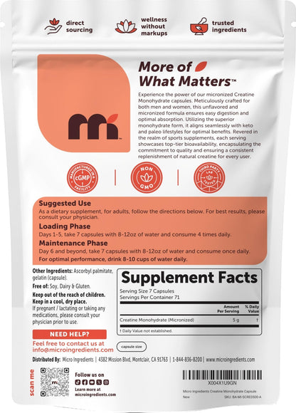 Creatine Monohydrate 5,000mg, 500 Capsules | Pure Creatine Pills – Micronized + Unflavored Powder Source, Easy Absorption | Keto, Non-GMO - Maple Wellness Supplements