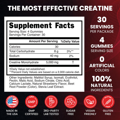 Creatine Monohydrate 5000mg Gummies, Pre-Workout 5g Creatine Gummy Supplement for Men & Women: Muscle Builder & Energy Boost, Sugar Free, Vegan, Strawberry Flavor, (120 Count) Made in USA - Maple Wellness Supplements