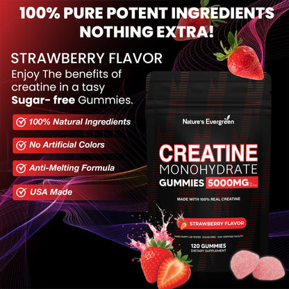 Creatine Monohydrate 5000mg Gummies, Pre-Workout 5g Creatine Gummy Supplement for Men & Women: Muscle Builder & Energy Boost, Sugar Free, Vegan, Strawberry Flavor, (120 Count) Made in USA - Maple Wellness Supplements