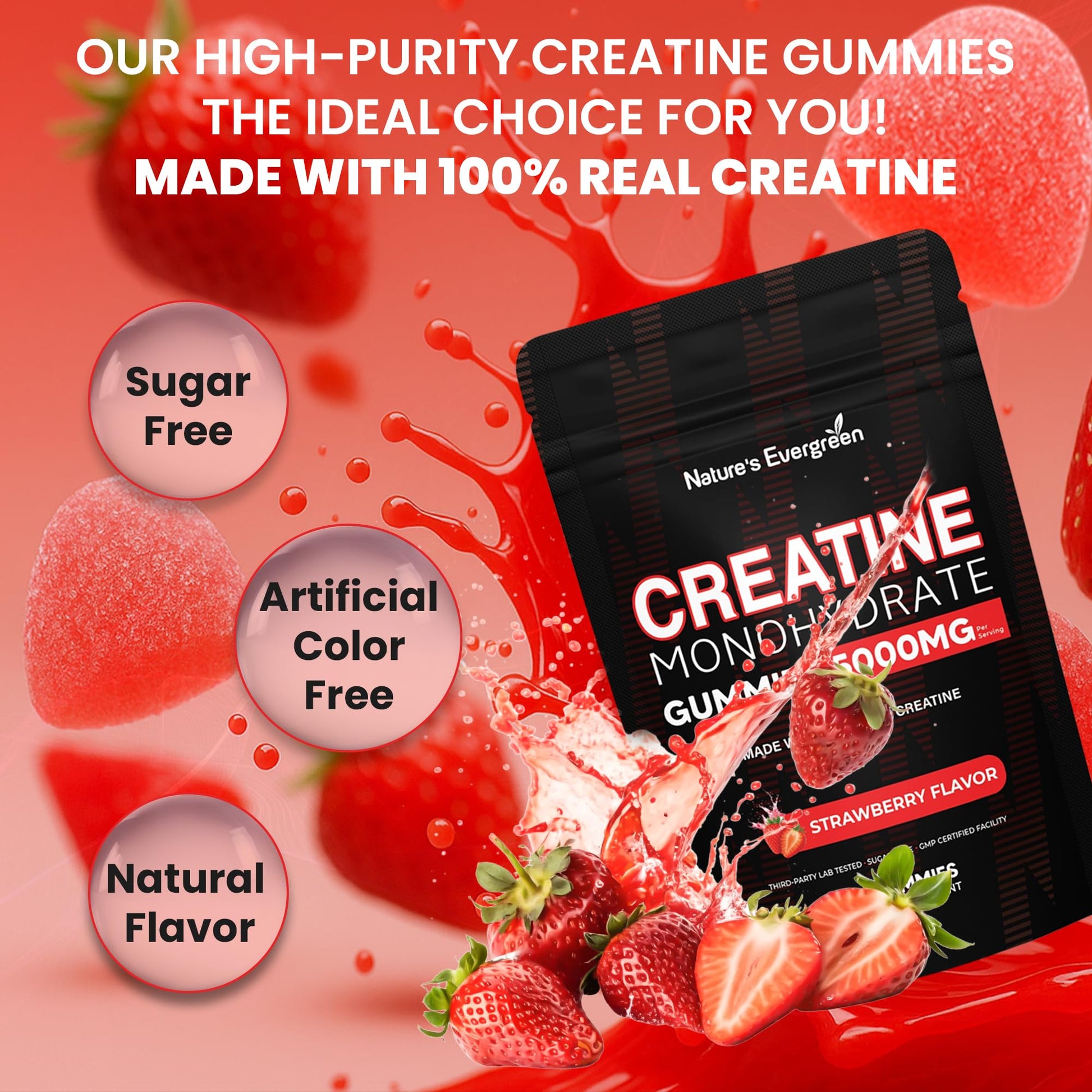Creatine Monohydrate 5000mg Gummies, Pre-Workout 5g Creatine Gummy Supplement for Men & Women: Muscle Builder & Energy Boost, Sugar Free, Vegan, Strawberry Flavor, (120 Count) Made in USA - Maple Wellness Supplements