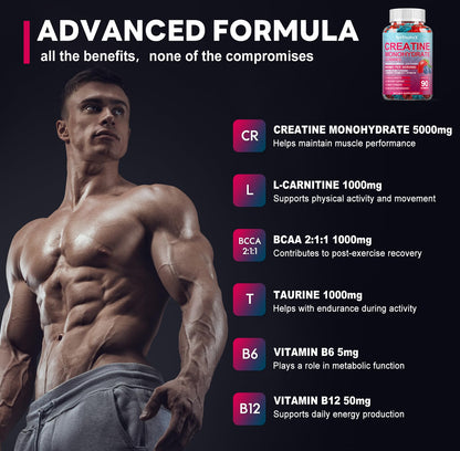 Creatine Monohydrate 8000mg Gummies with BCAA, L-Carnitine, Taurine & Vitamin B12 - Pre Workout Supplement for Muscle Growth, Strength & Energy, Multi-Flavor Chewable Gummies, - Maple Wellness Supplements