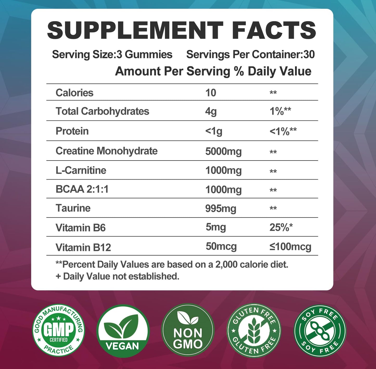Creatine Monohydrate 8000mg Gummies with BCAA, L-Carnitine, Taurine & Vitamin B12 - Pre Workout Supplement for Muscle Growth, Strength & Energy, Multi-Flavor Chewable Gummies, - Maple Wellness Supplements