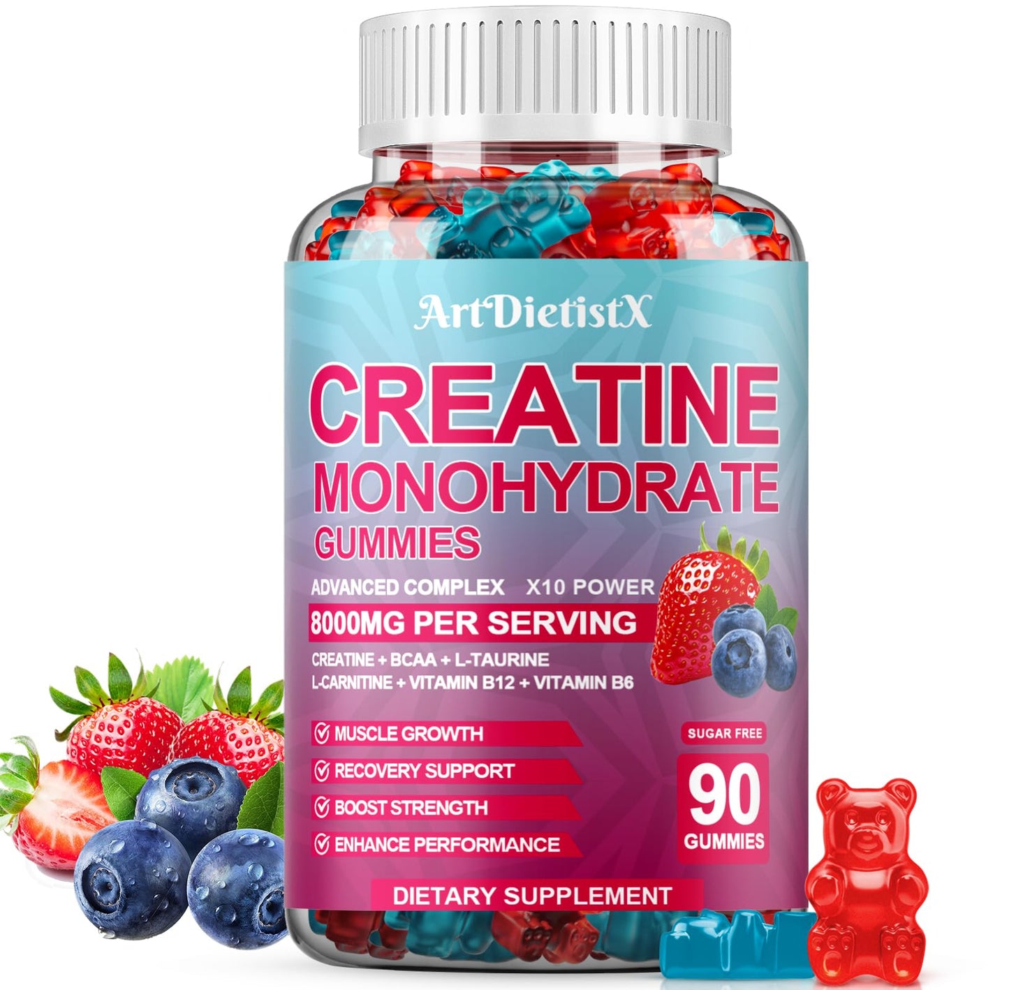Creatine Monohydrate 8000mg Gummies with BCAA, L-Carnitine, Taurine & Vitamin B12 - Pre Workout Supplement for Muscle Growth, Strength & Energy, Multi-Flavor Chewable Gummies, - Maple Wellness Supplements