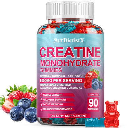 Creatine Monohydrate 8000mg Gummies with BCAA, L-Carnitine, Taurine & Vitamin B12 - Pre Workout Supplement for Muscle Growth, Strength & Energy, Multi-Flavor Chewable Gummies, - Maple Wellness Supplements