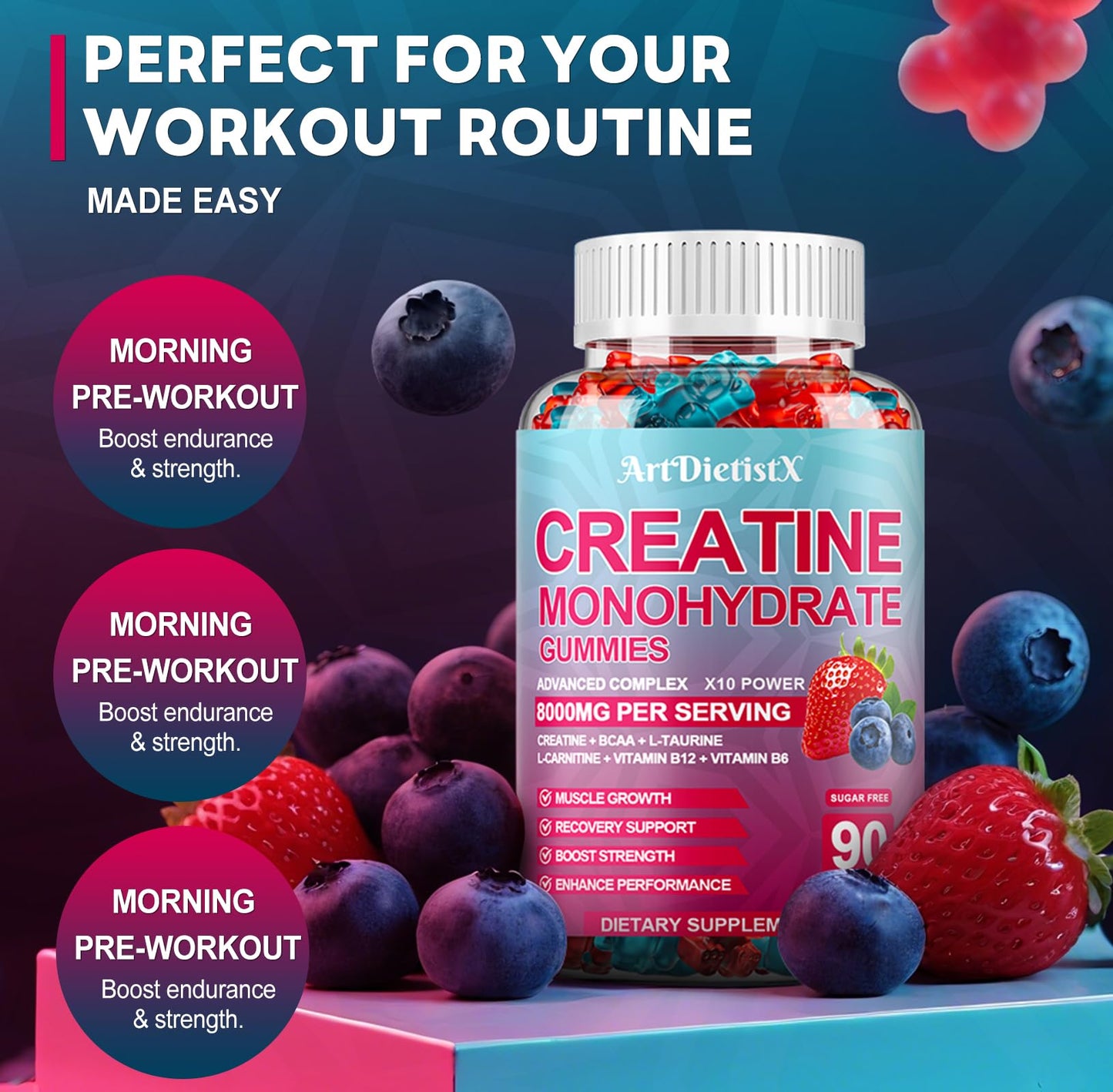 Creatine Monohydrate 8000mg Gummies with BCAA, L-Carnitine, Taurine & Vitamin B12 - Pre Workout Supplement for Muscle Growth, Strength & Energy, Multi-Flavor Chewable Gummies, - Maple Wellness Supplements