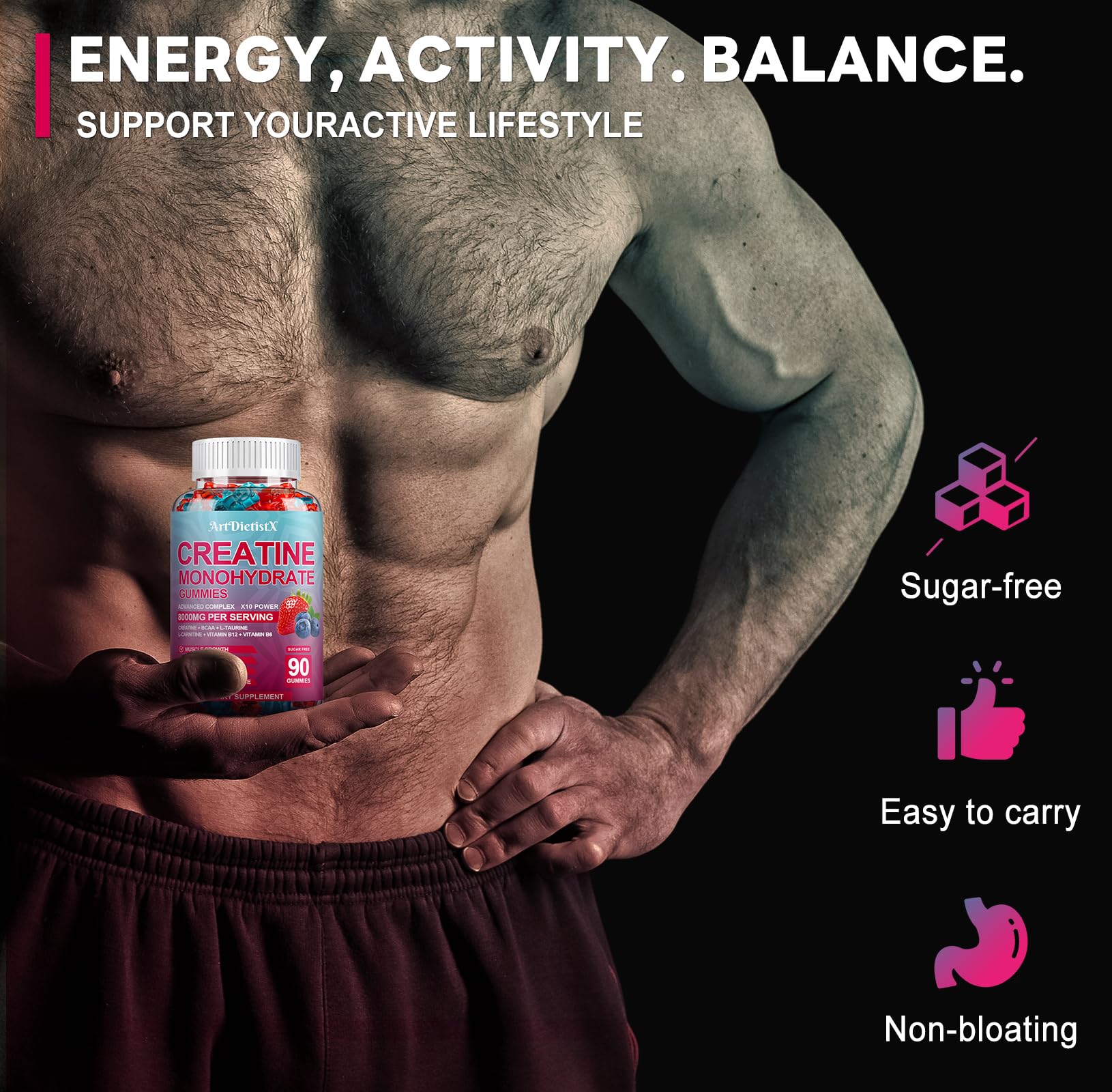 Creatine Monohydrate 8000mg Gummies with BCAA, L-Carnitine, Taurine & Vitamin B12 - Pre Workout Supplement for Muscle Growth, Strength & Energy, Multi-Flavor Chewable Gummies, - Maple Wellness Supplements