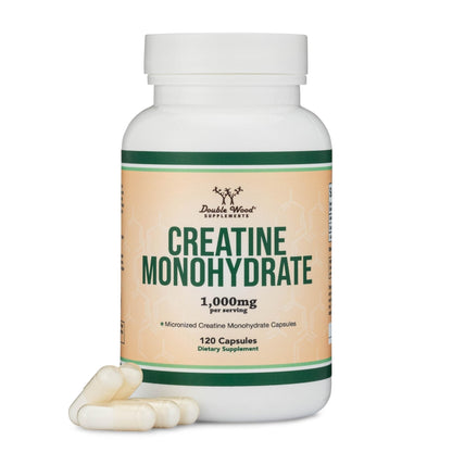 Creatine Monohydrate Capsules - 1g per Serving, 120 Count - No Fillers, Vegan Safe, Non-GMO, Gluten Free by Double Wood - Maple Wellness Supplements