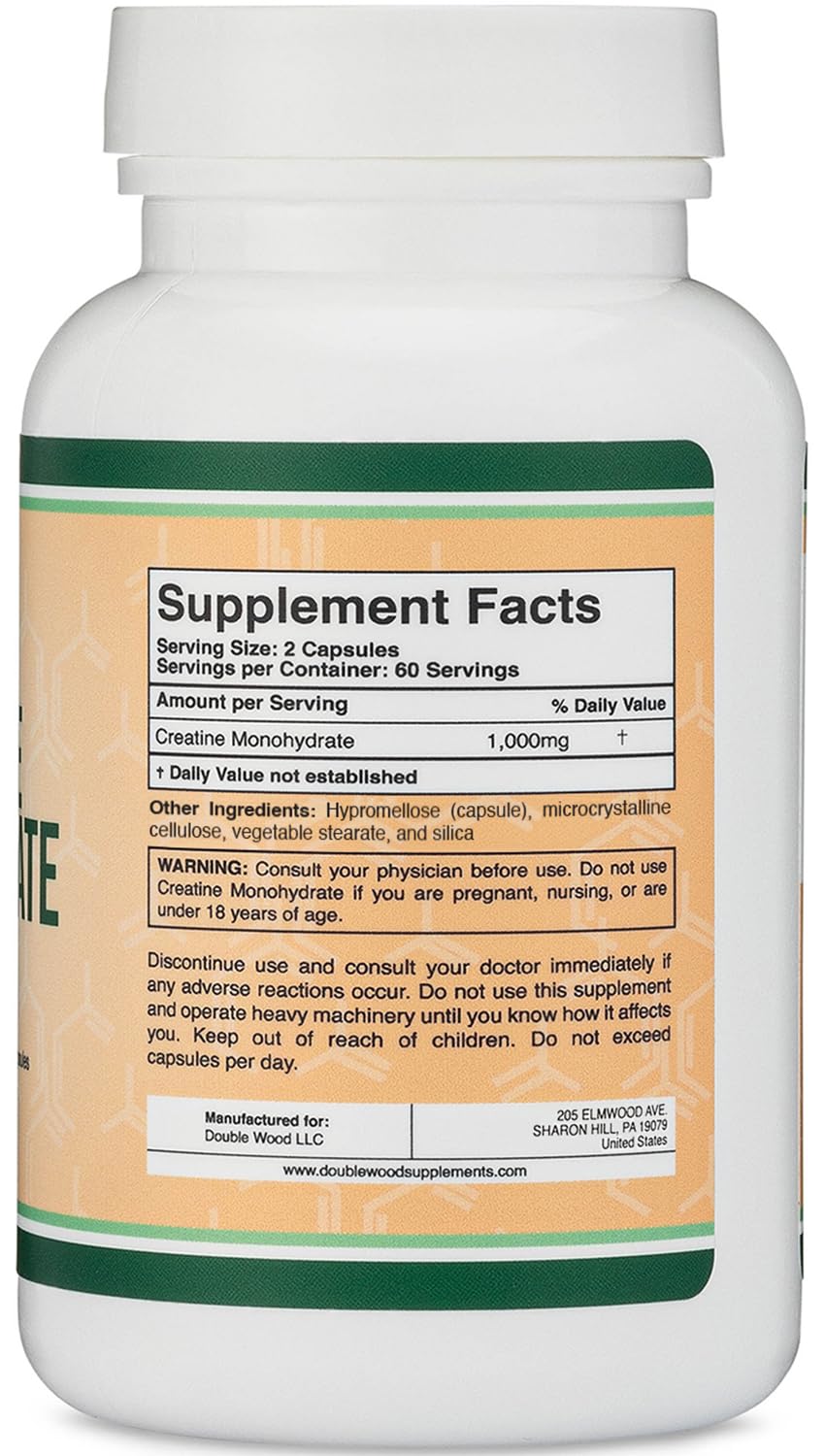 Creatine Monohydrate Capsules - 1g per Serving, 120 Count - No Fillers, Vegan Safe, Non-GMO, Gluten Free by Double Wood - Maple Wellness Supplements