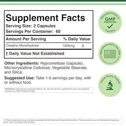 Creatine Monohydrate Capsules - 1g per Serving, 120 Count - No Fillers, Vegan Safe, Non-GMO, Gluten Free by Double Wood - Maple Wellness Supplements