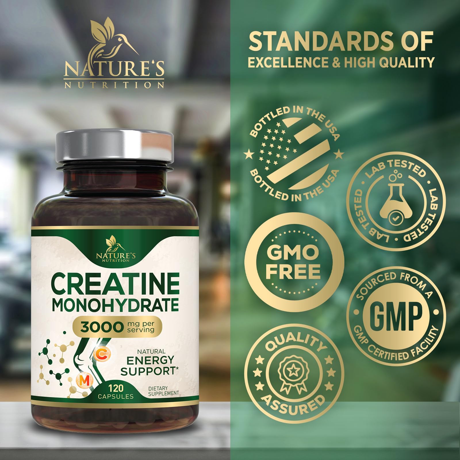 Creatine Monohydrate Capsules 3000mg Per Serving – Micronized Creatine Powder - Supports Lean Muscle, Strength, Energy, & Endurance - Nature's Supplement, Non-GMO, Bottled in USA - 120 Capsules - Maple Wellness Supplements