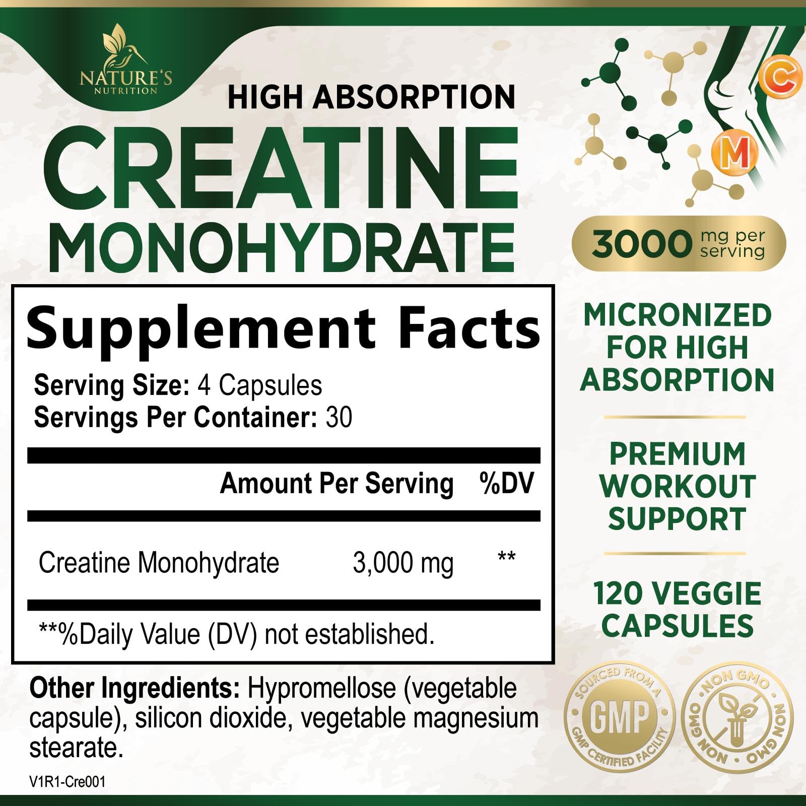 Creatine Monohydrate Capsules 3000mg Per Serving – Micronized Creatine Powder - Supports Lean Muscle, Strength, Energy, & Endurance - Nature's Supplement, Non-GMO, Bottled in USA - 120 Capsules - Maple Wellness Supplements