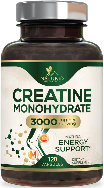 Creatine Monohydrate Capsules 3000mg Per Serving – Micronized Creatine Powder - Supports Lean Muscle, Strength, Energy, & Endurance - Nature's Supplement, Non-GMO, Bottled in USA - 120 Capsules - Maple Wellness Supplements