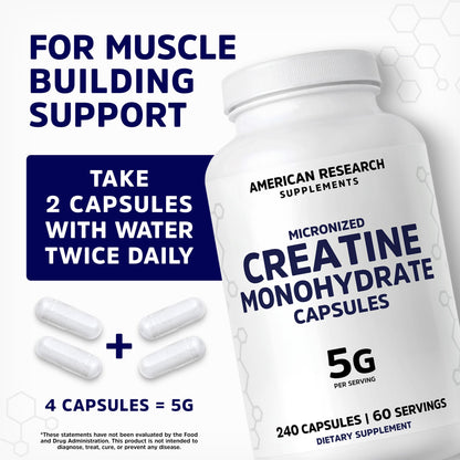 Creatine Monohydrate Capsules 5G | 60 Servings | Vegan | 4 Caps per Serving | Micronized Creatine Pills 5000mg | 240 Capsules | Creatine Pills For Men & Women - Maple Wellness Supplements