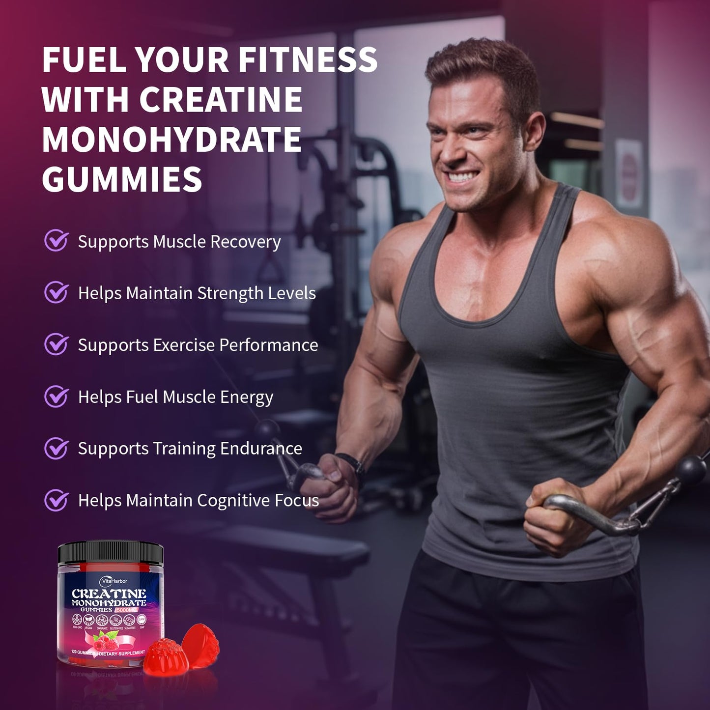 Creatine Monohydrate Gummies 5000mg for Men & Women, Organic Pure Creatine Gummies | Sugar Free,Vegan, Non-GMO,Raspberry Flavor, 120 Count - Maple Wellness Supplements