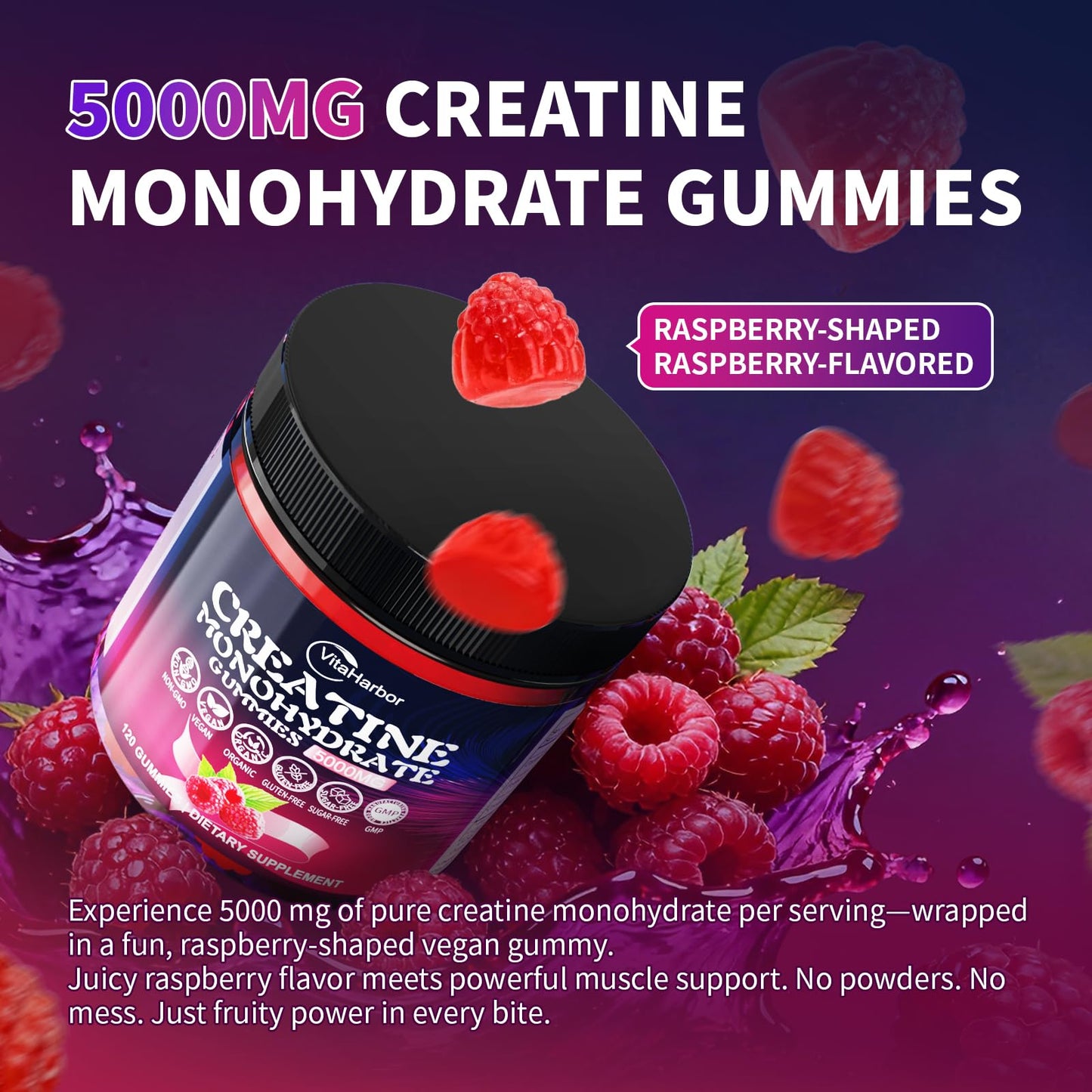 Creatine Monohydrate Gummies 5000mg for Men & Women, Organic Pure Creatine Gummies | Sugar Free,Vegan, Non-GMO,Raspberry Flavor, 120 Count - Maple Wellness Supplements